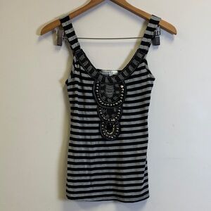 Moa Moa Black & Gray Striped Beaded Tank